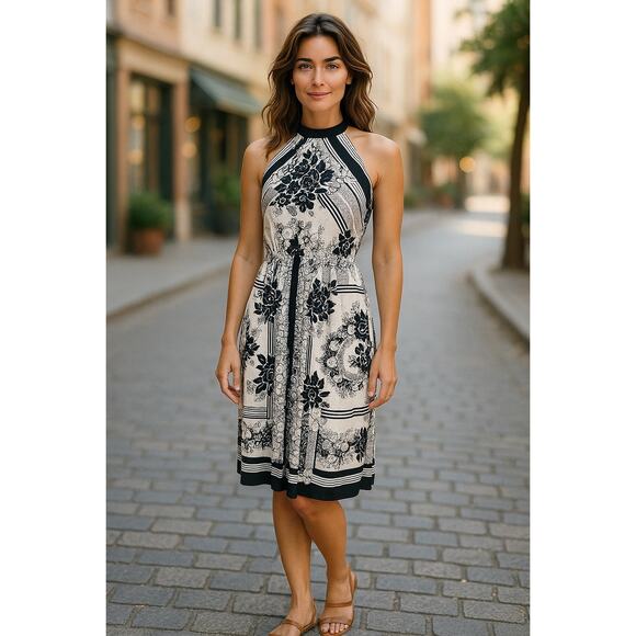 Parade Black and White Halter Floral Vintage Dress Open Back Sz 4 - Picture 8 of 13